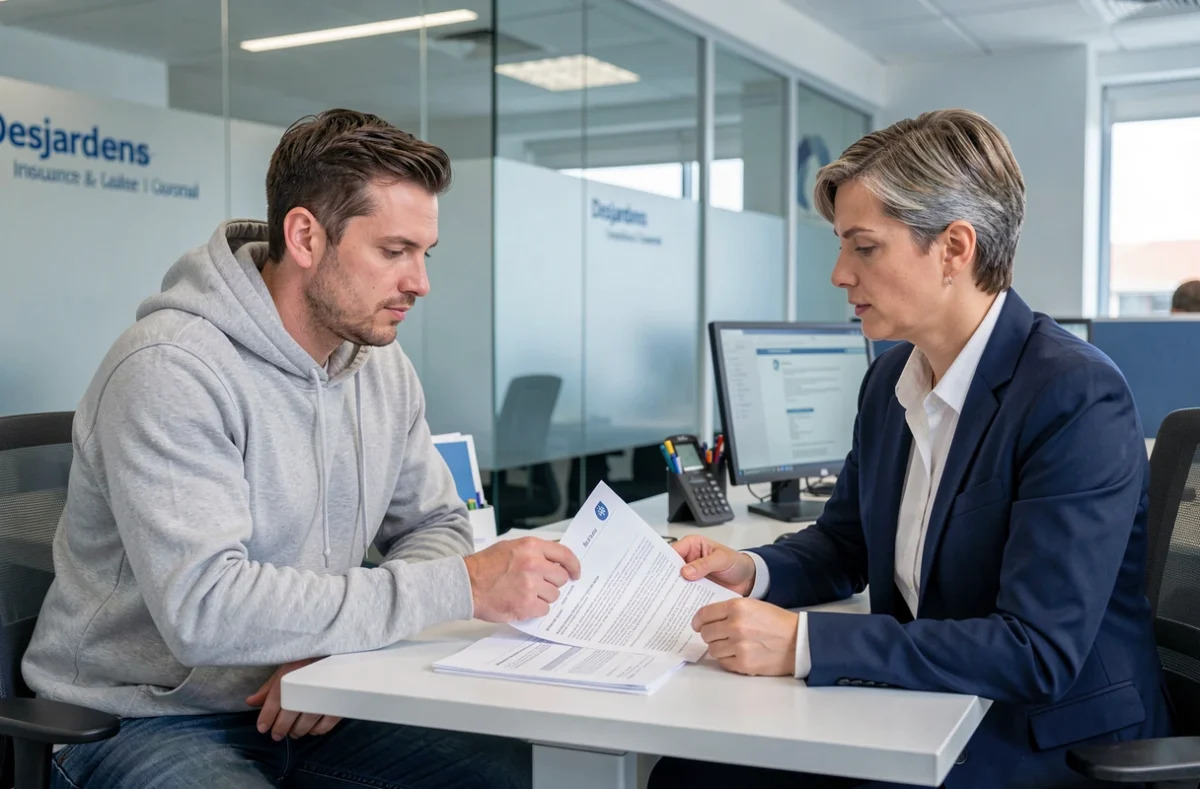 Locataire discutant d'une souscription d'assurance habitation avec un conseiller Desjardins dans un bureau professionnel