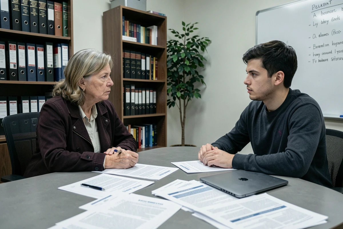 Consultation juridique entre un locataire et un conseiller dans un bureau d'aide au logement pour contester un surloyer HLM abusif