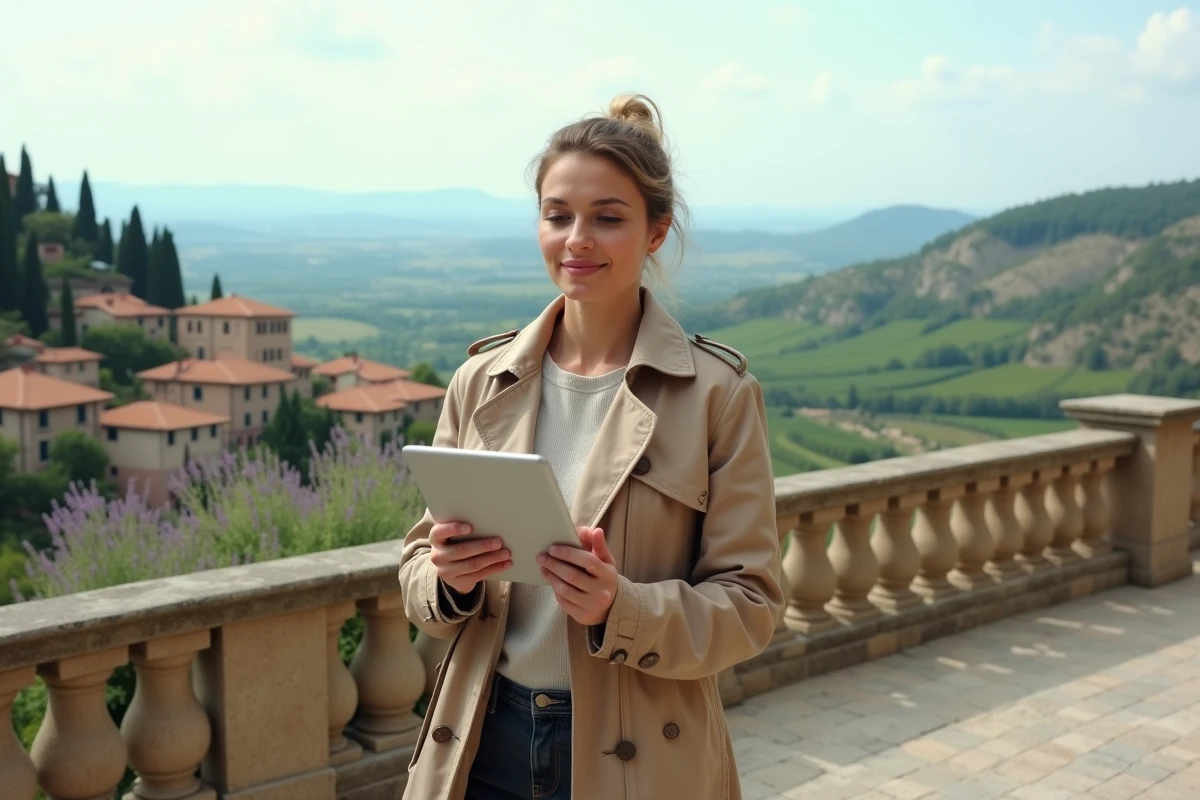 Femme consultant une plateforme immobilière en ligne depuis une terrasse avec vue sur les coteaux et villages provençaux