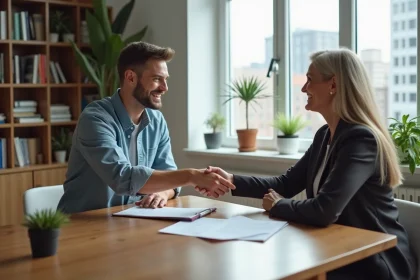 Jeune homme et femme d'affaires signent un contrat de location