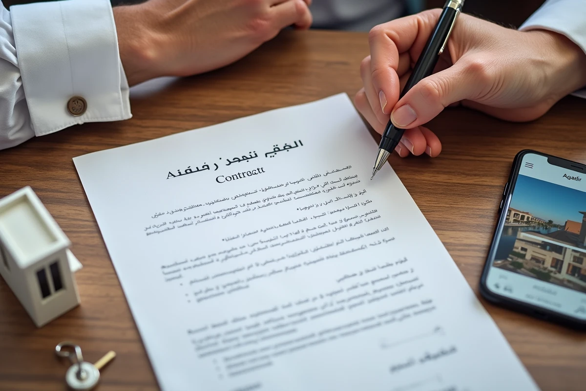 Contrat de vente immobilière à Agadir avec clés d'appartement et annonce en ligne sur smartphone
