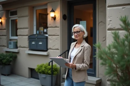 Copropriétaire d'une petite copropriété sans syndic professionnel consultant une application de gestion sur tablette devant son immeuble