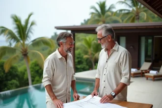 Couple d'expatriés consultant des plans architecturaux sur la terrasse d'une villa moderne à Koh Samui avec piscine à débordement et vue sur l'océan