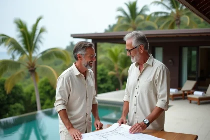 Couple d'expatriés consultant des plans architecturaux sur la terrasse d'une villa moderne à Koh Samui avec piscine à débordement et vue sur l'océan
