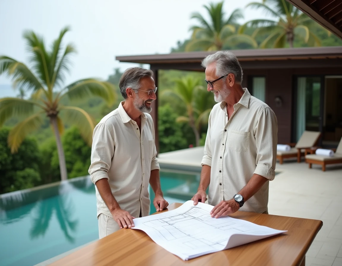 Couple d'expatriés consultant des plans architecturaux sur la terrasse d'une villa moderne à Koh Samui avec piscine à débordement et vue sur l'océan