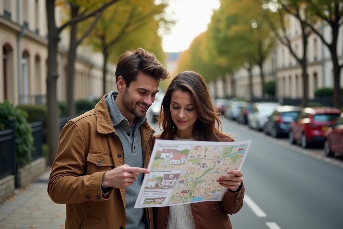 Couple étudiant une carte immobilière dans une rue résidentielle de ville moyenne, comparant zones tendues et détendue