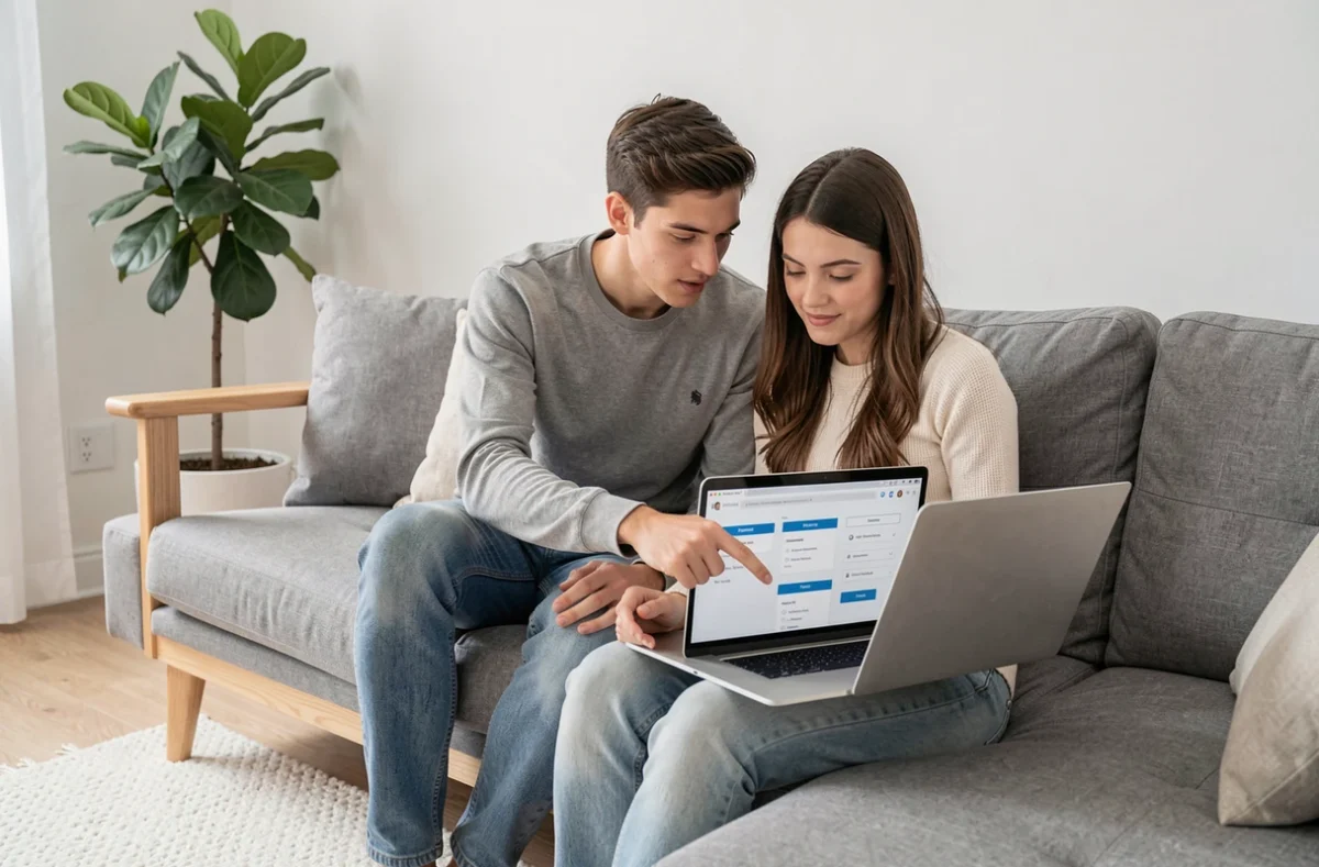 Couple comparant des offres d'assurance habitation en ligne ensemble sur un canapé dans un salon moderne
