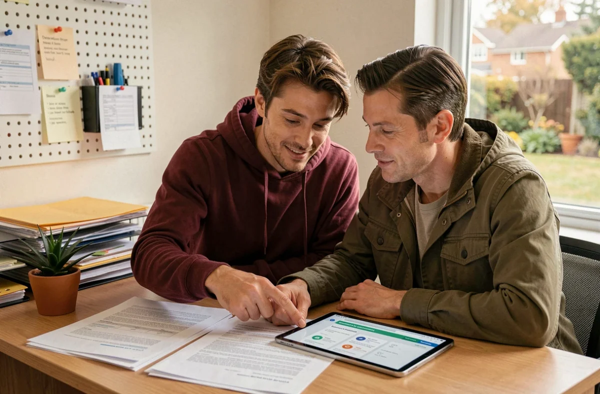 Couple comparant des offres d'assurance maison pas chères sur une tablette dans un bureau à domicile