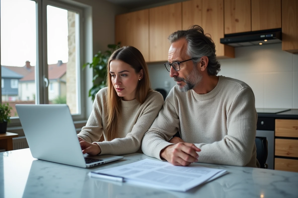 Couple étudiant un état des risques et pollutions ERP sur ordinateur avant l'achat d'un bien immobilier