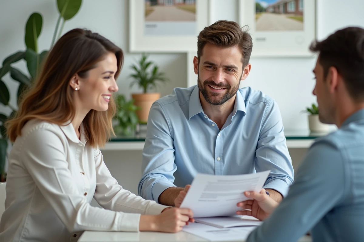 Jeune couple consultant un conseiller immobilier dans une agence moderne pour un investissement locatif