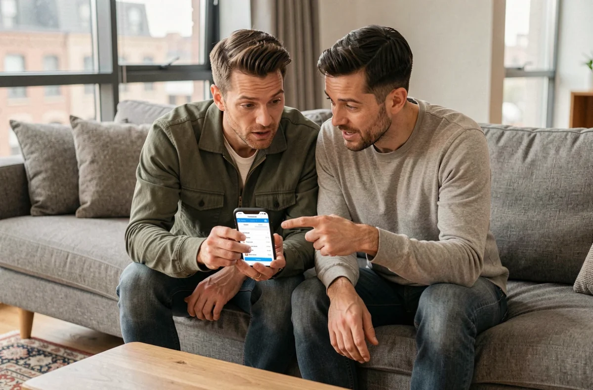Couple consultant l'espace locataire MyFoncia sur smartphone depuis leur salon pour gérer leurs démarches immobilières