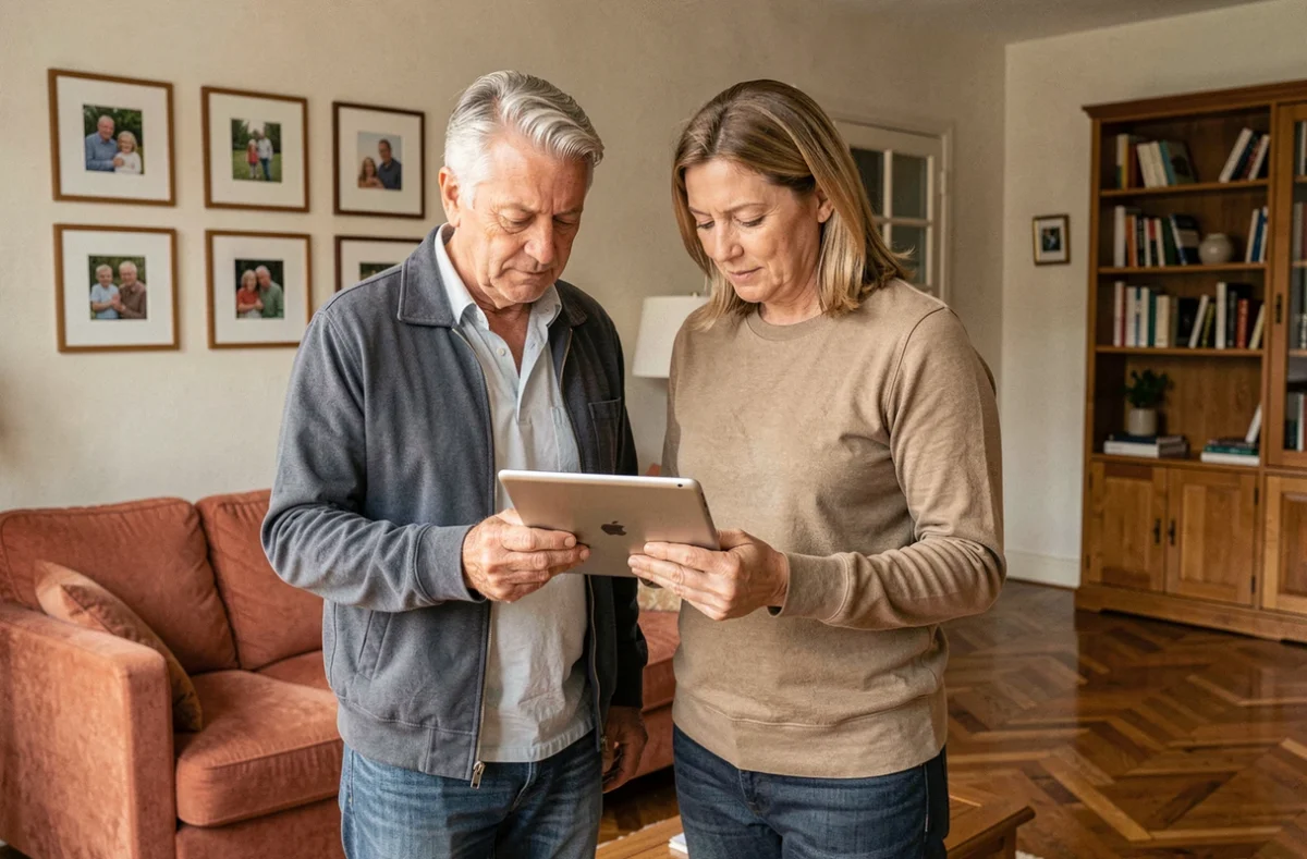 Couple examinant leur contrat d'assurance habitation sur une tablette dans le salon de leur appartement à Saint-Quentin