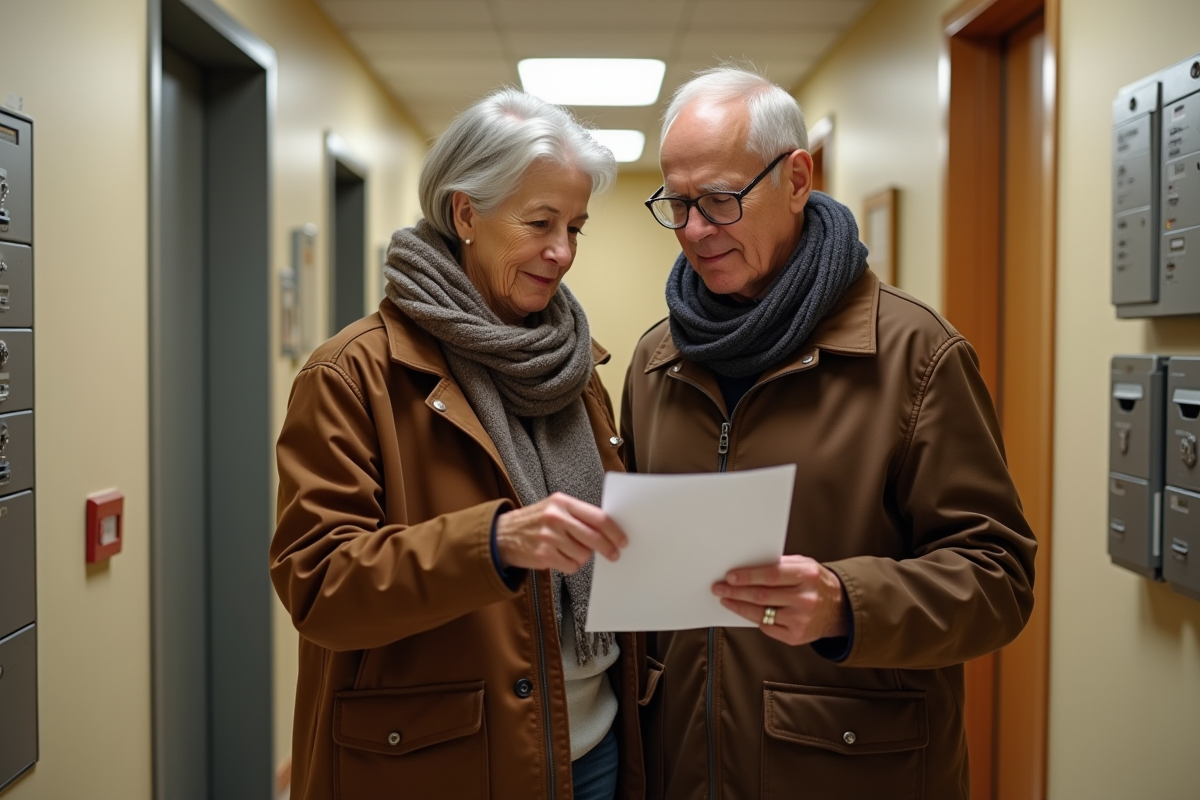 Couple âgé discute dans le couloir de l