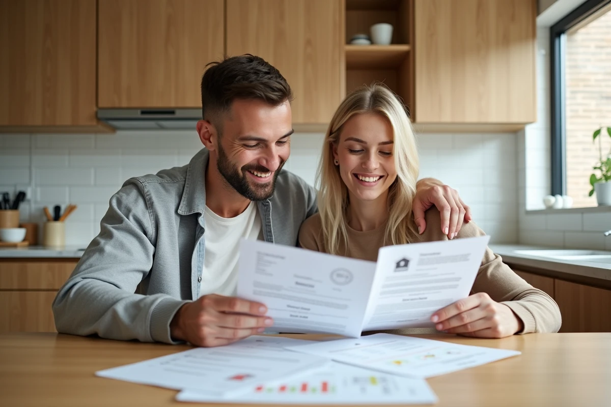 Couple étudiant des documents de renseignements immobiliers à la maison avant un achat