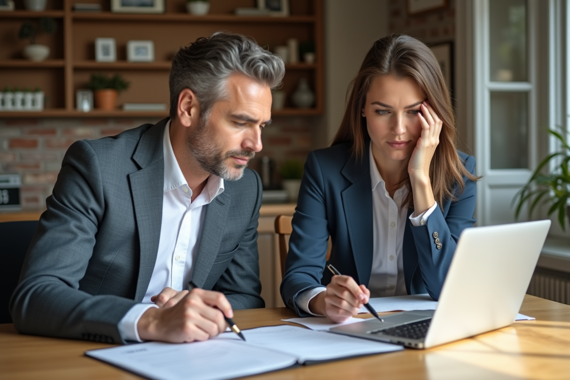 Couple d'adultes en réunion immobilière dans un intérieur lumineux