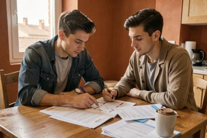 Couple modeste étudiant un dossier de financement PSLA autour d'une table à Toulouse