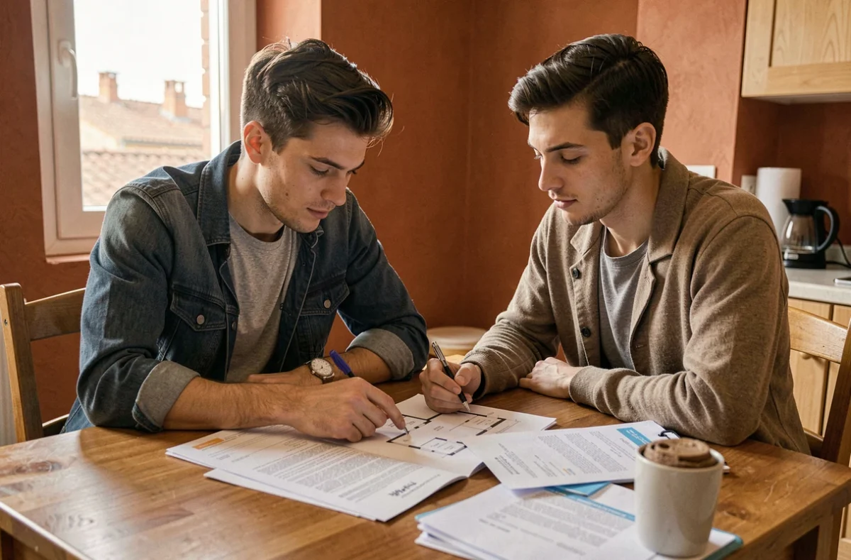 Couple modeste étudiant un dossier de financement PSLA autour d'une table à Toulouse