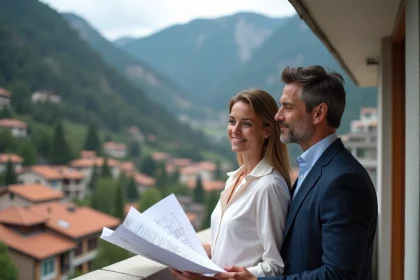 Couple de frontaliers sur un balcon d'appartement en Andorre avec vue sur les montagnes et les toits du village