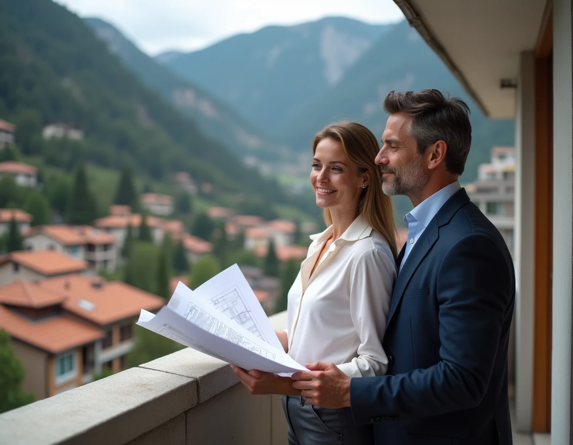 Couple de frontaliers sur un balcon d'appartement en Andorre avec vue sur les montagnes et les toits du village