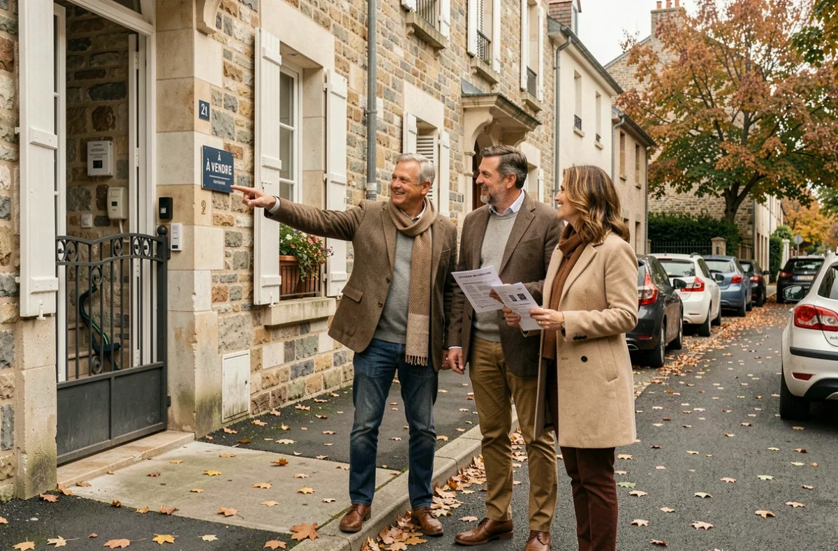 Couple devant un immeuble à vendre en banlieue française, comparant des offres de prêt immobilier classique et alternatives