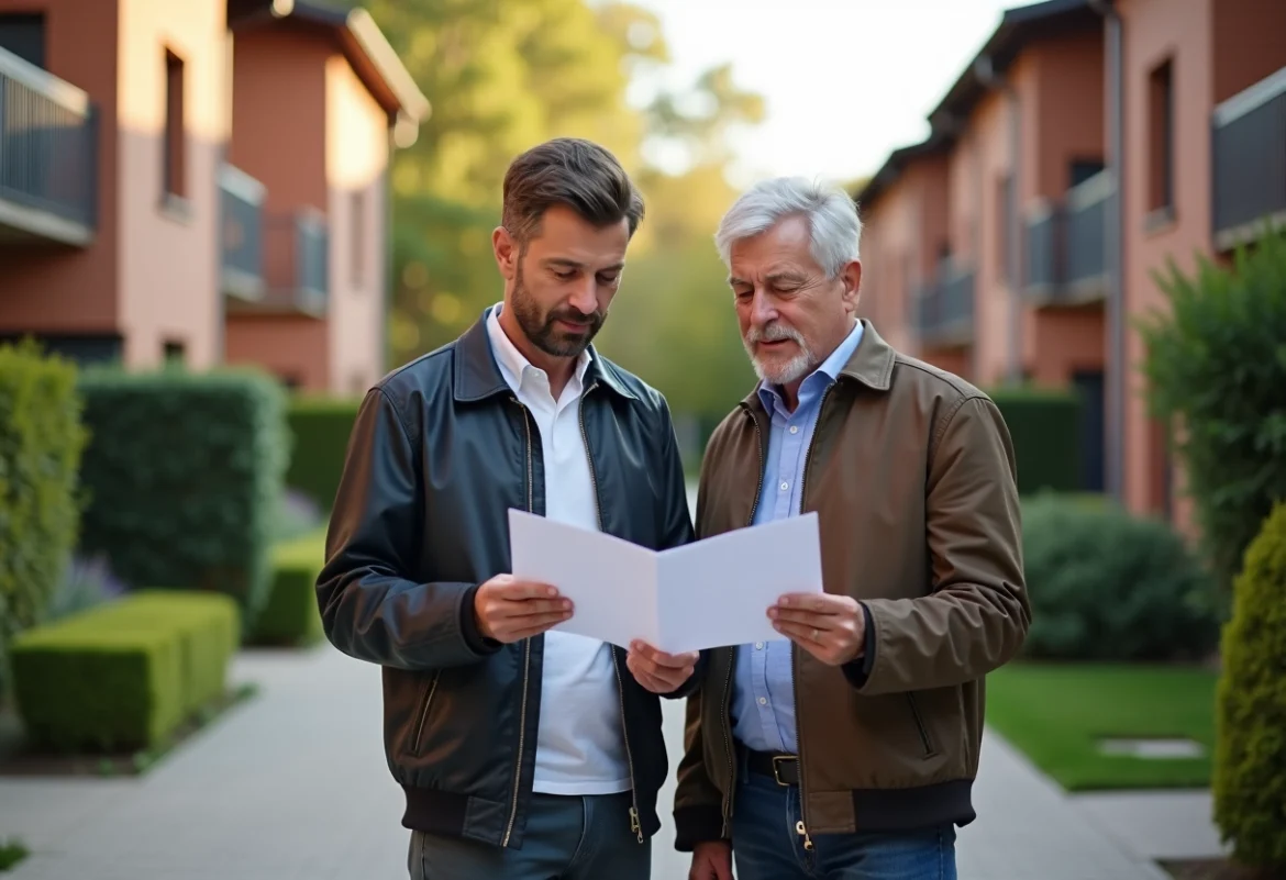 Couple examinant documents immobiliers dans rue résidentielle