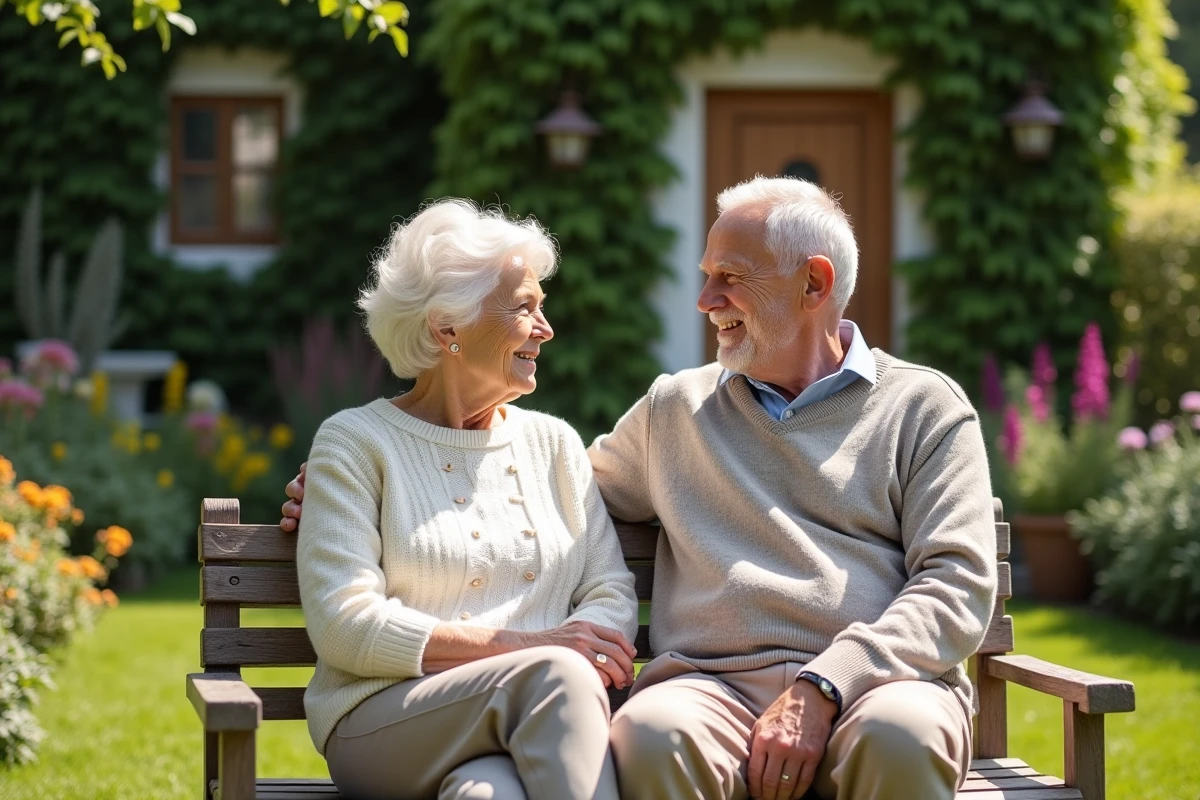 Couple âgé relaxant dans un jardin ensoleillé