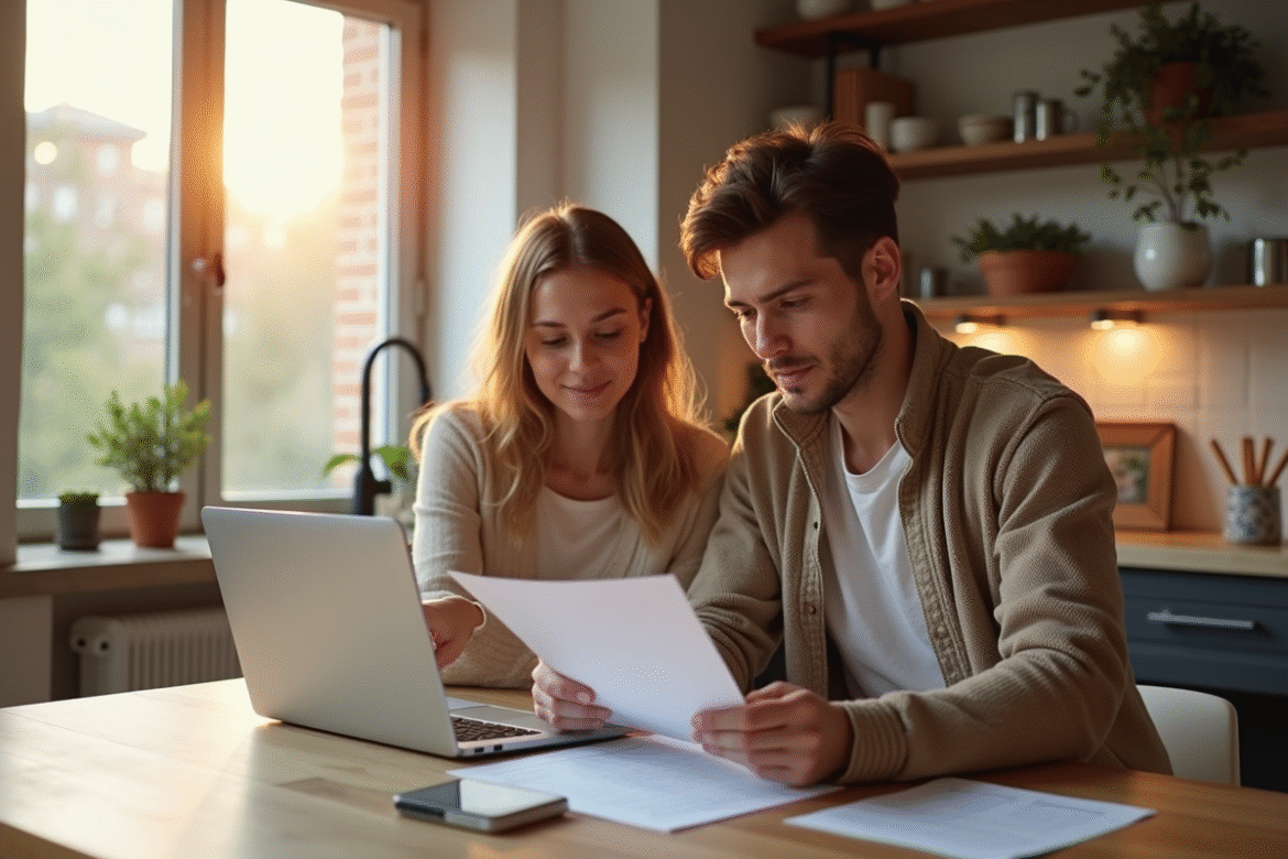 Jeune couple vérifiant documents d'assurance dans leur appartement