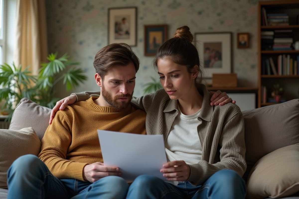 Jeune couple inquiet lisant une lettre dans un salon familial