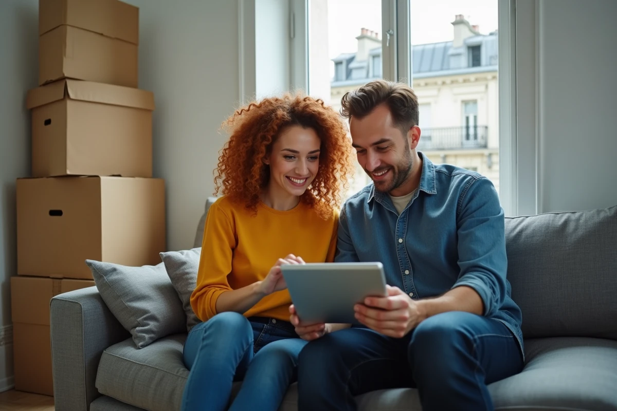 Jeune couple consultant le téléservice LOC annonce pour une demande de logement social sur une tablette