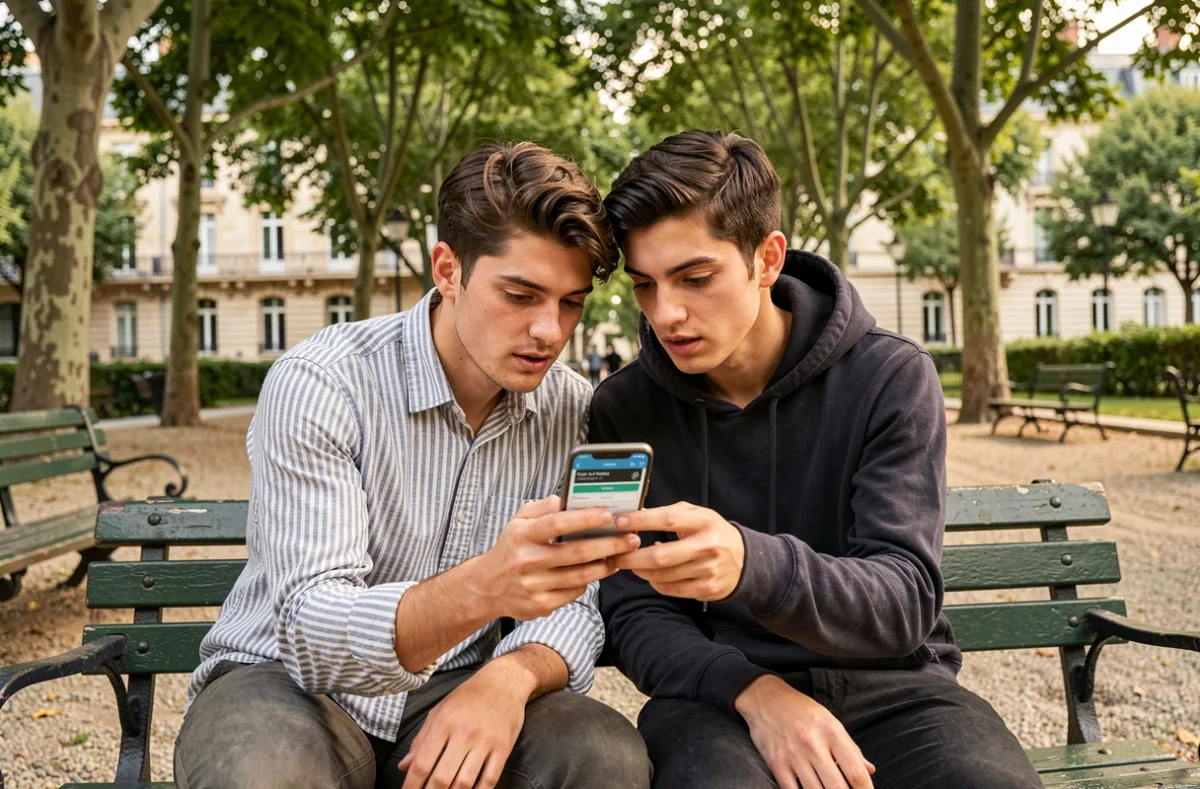 Couple consultant LOC'annonces Paris sur smartphone dans un square parisien pour trouver un logement