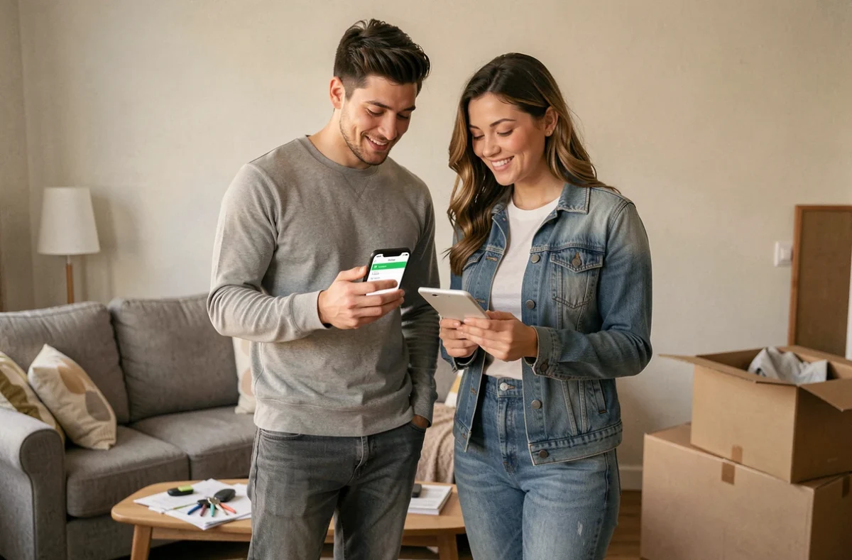 Couple de locataires souscrivant une assurance habitation Desjardins depuis un smartphone dans leur appartement