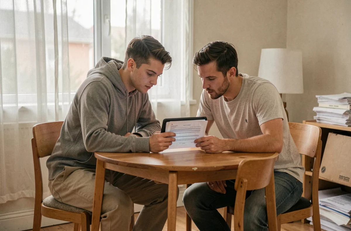 Couple de locataires consultant un contrat d'assurance habitation en ligne sur une tablette à leur table de salle à manger