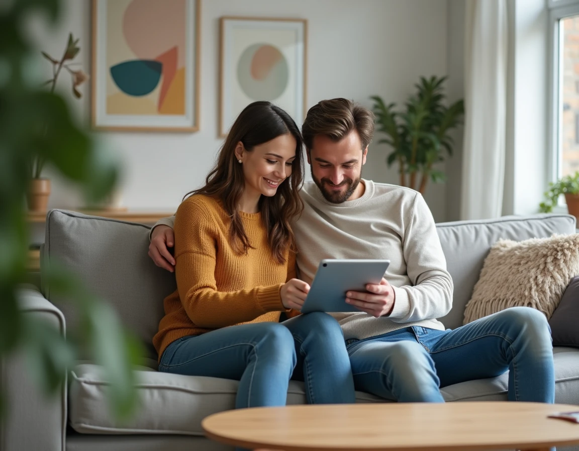 Couple de locataires consultant ensemble leur espace MyNexity sur une tablette dans leur salon