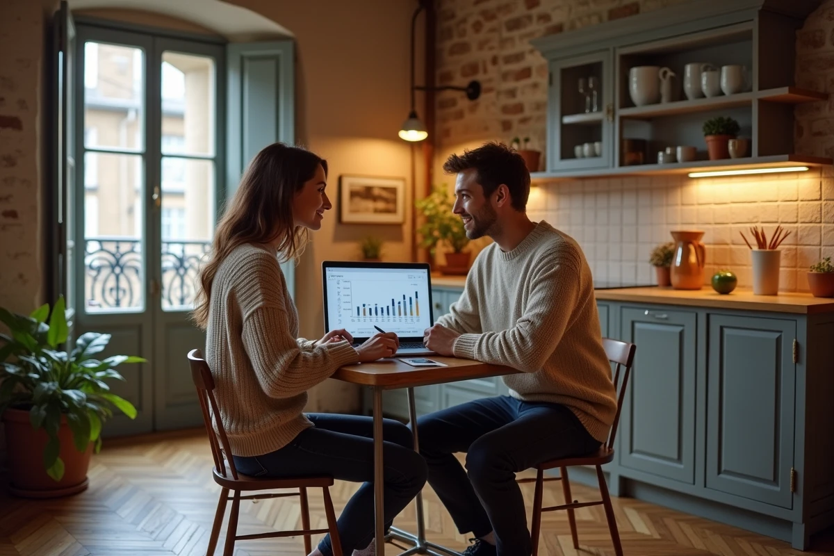 Couple analysant les prix des loyers lyonnais sur un ordinateur dans un appartement ancien