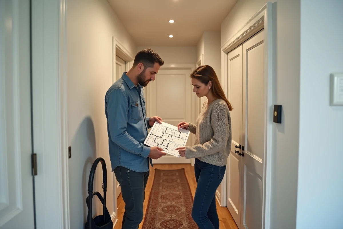 Couple examinant le plan d'un T4 dans le couloir de leur appartement avec les quatre pièces visibles