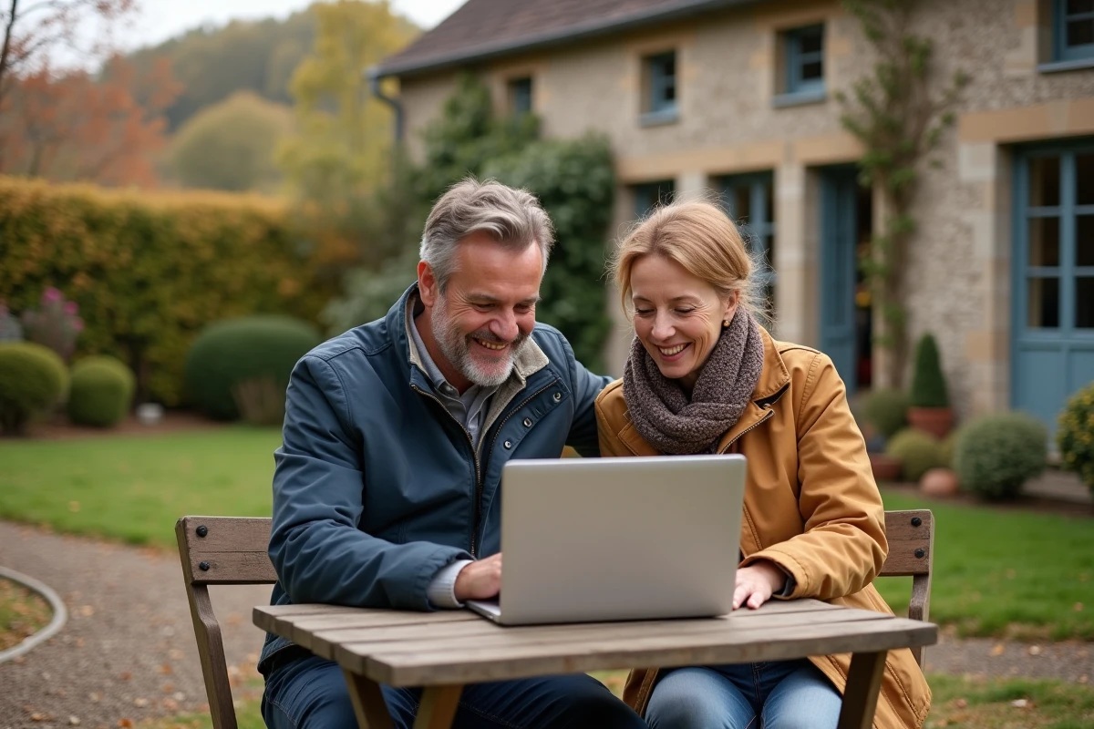 Couple recherchant une maison à louer avec jardin dans l'Eure en consultant des annonces en ligne