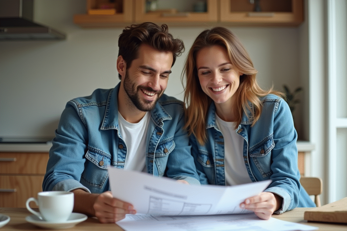 Couple dans la cuisine en rénovation avec plans et documents