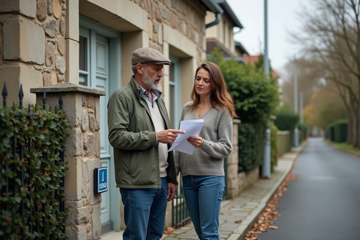 Couple de vendeurs devant une maison vendue discutant de la contribution sécurité immobilière à la revente