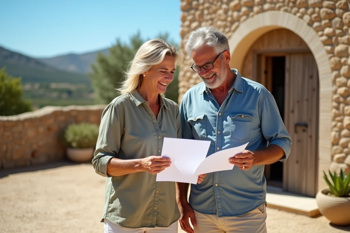 Couple visitant une bergerie rénovée à vendre en Corse du Sud lors d'une visite immobilière