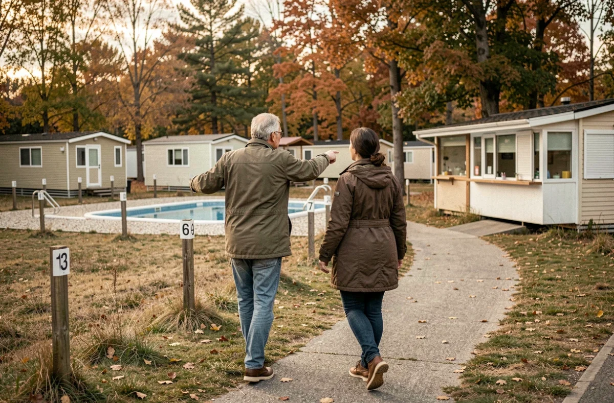 Couple en visite d'un camping à reprendre, évaluant les installations et les emplacements hors saison