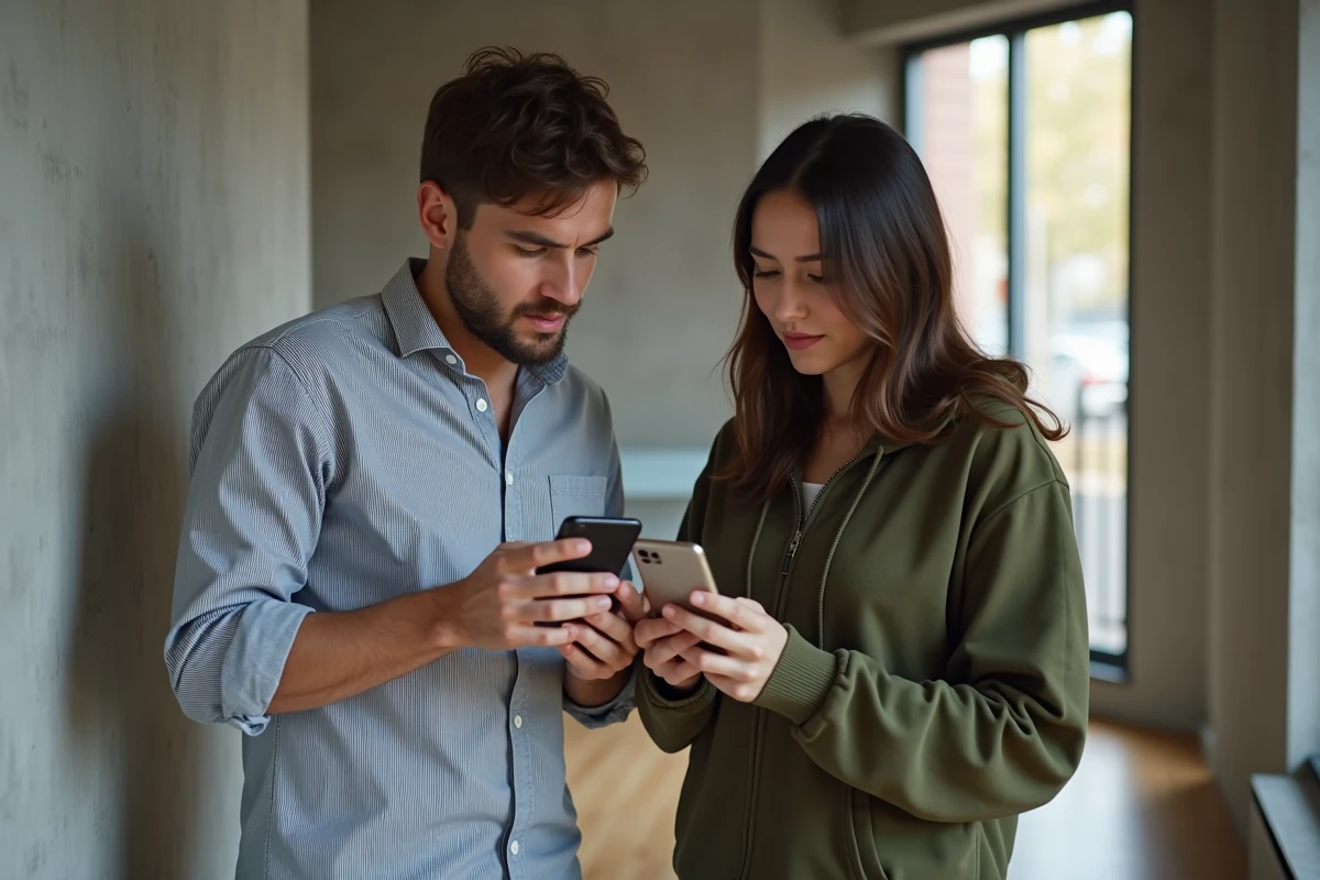 Couple vérifiant la superficie en mètres carrés d'un studio sur smartphone lors d'une visite immobilière