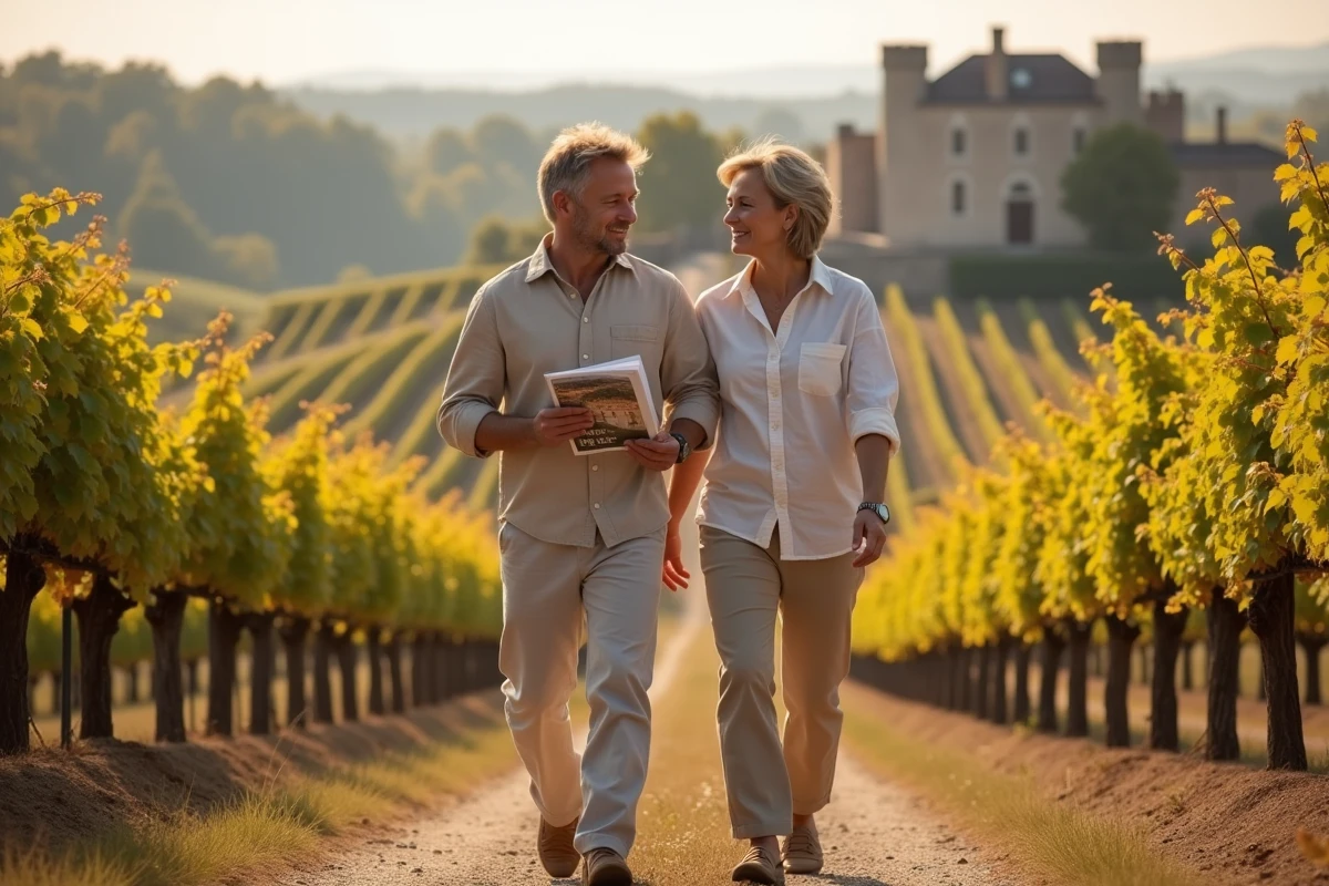 Un couple visitant un vignoble bordelais à vendre en envisageant un achat immobilier viticole