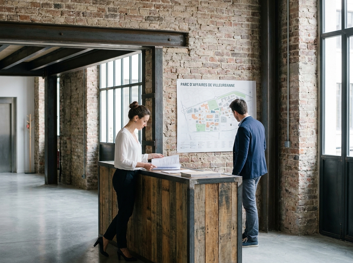 Réception d'un espace de coworking moderne dans un bâtiment industriel réhabilité de banlieue parisienne, avec deux professionnels consultant des plans, symbolisant l'installation de bureaux à Clichy ou Levallois-Perret