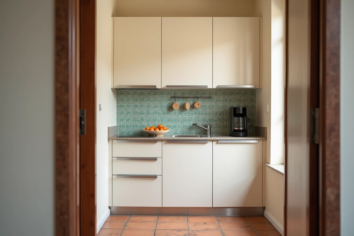 Cuisine fonctionnelle et économique d'un appartement pas cher à vendre à Guéliz Marrakech avec carrelage zellige et rangements blancs