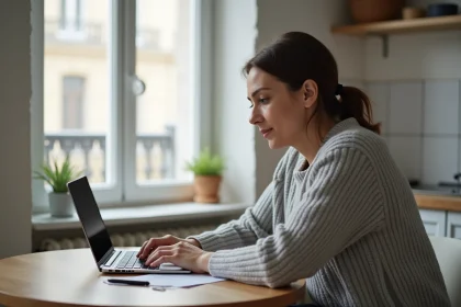 Femme en train de faire une demande de logement social en ligne sur un ordinateur portable dans un appartement parisien