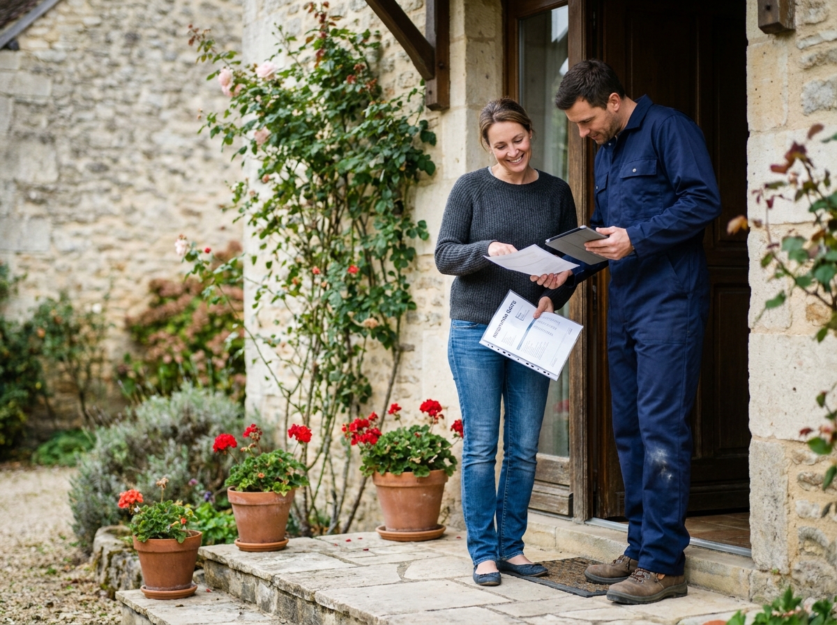 Propriétaire discutant d'un devis de remplacement de fenêtres avec un artisan à domicile
