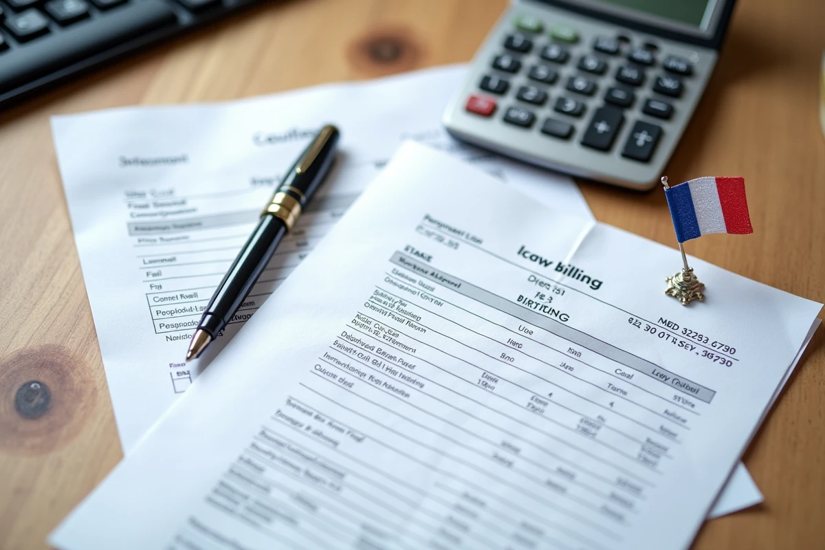 Vue aérienne d'un bureau avec des documents de frais d'adjudication, une calculatrice et un stylo pour estimer le coût total