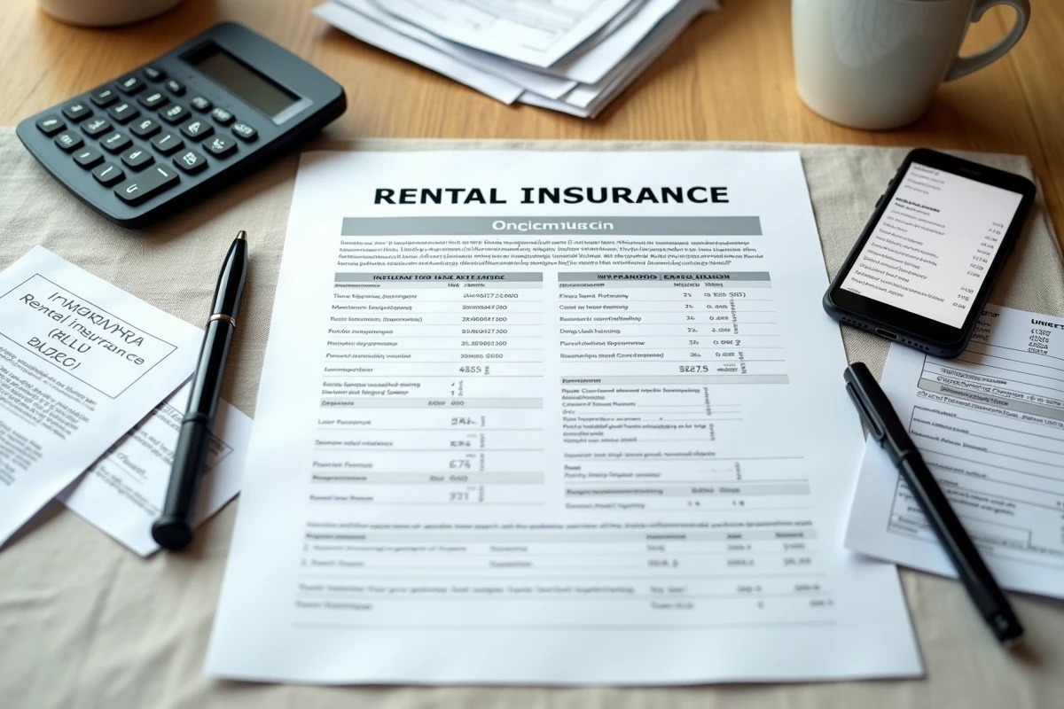 Documents d'assurance loyer impayé et formulaire de comparaison posés sur une table avec calculatrice