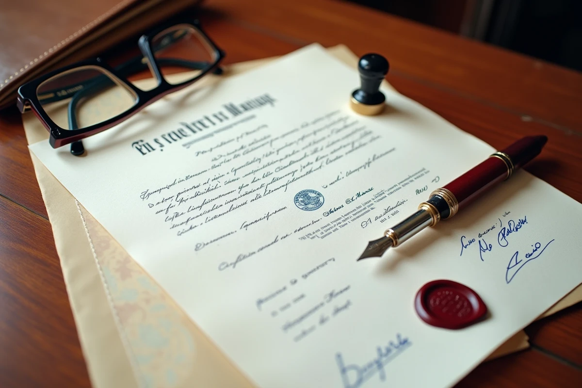 Documents notariaux officiels contrat de mariage avec cachet et stylo plume sur bureau en acajou à Limoges