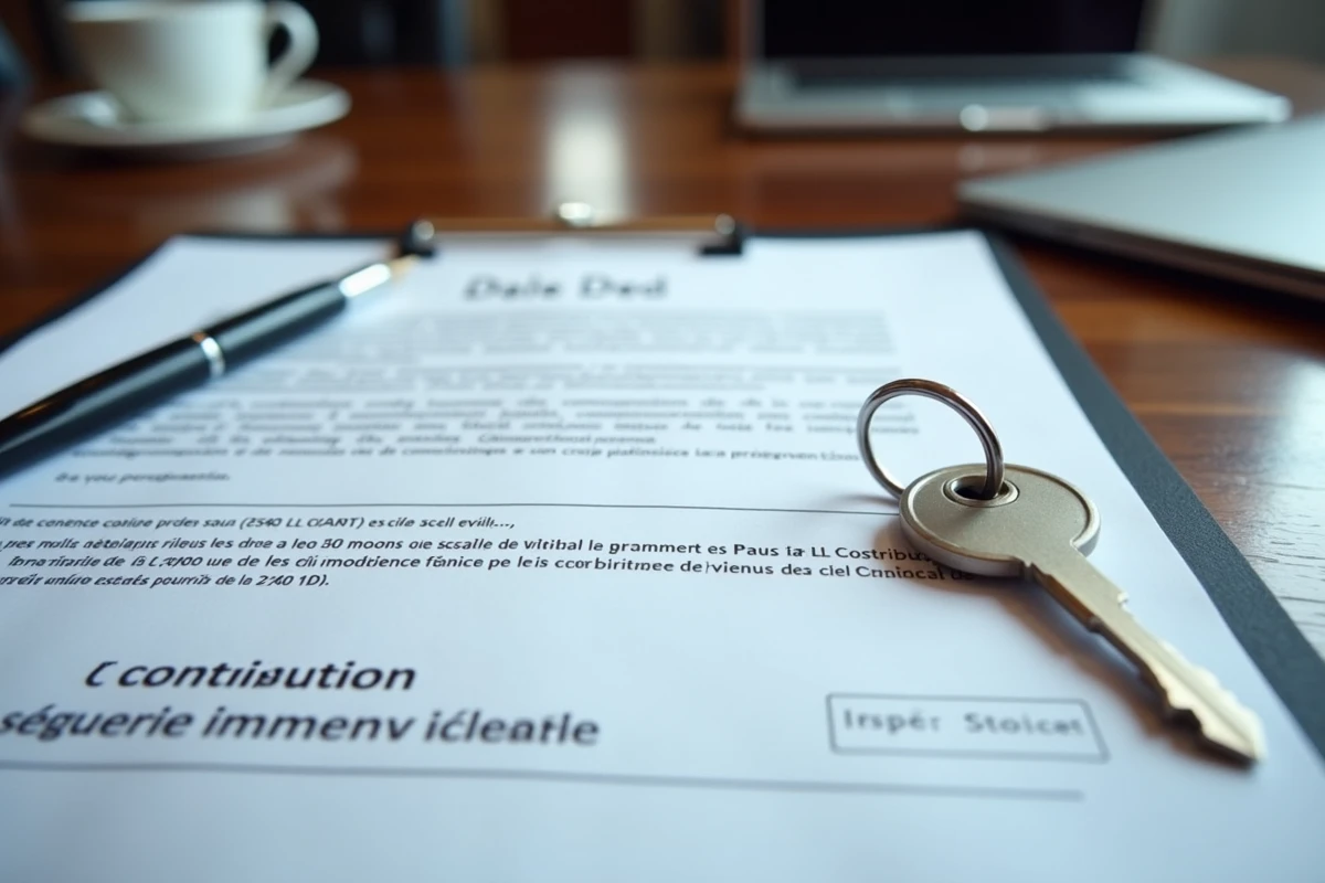 Documents de vente immobilière avec contribution sécurité et clés de maison sur une table de réunion